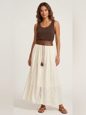 Cream Lace-Panel Maxi Skirt